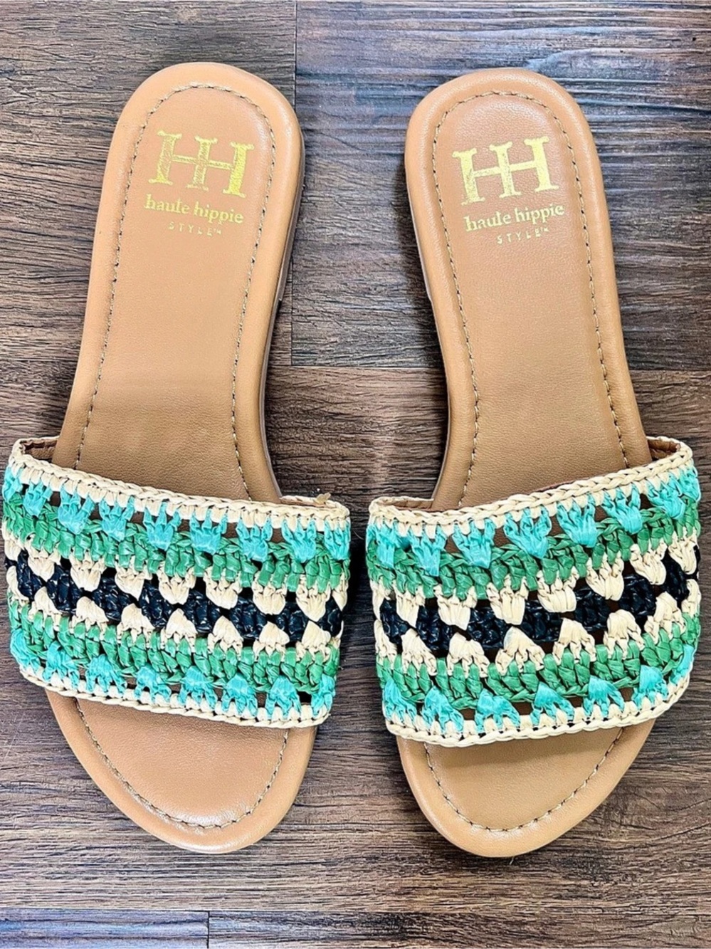 Haute Hippie Woven Slide Sandals Green & Turquoise US 7.5 Like New